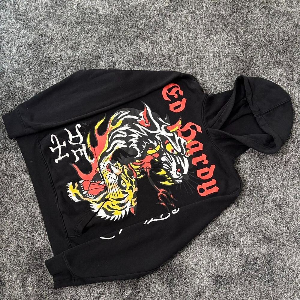 Ed Hardy Tiger & Dragon Graphic Women's Hoodie Size S Pullover Sweater Black
